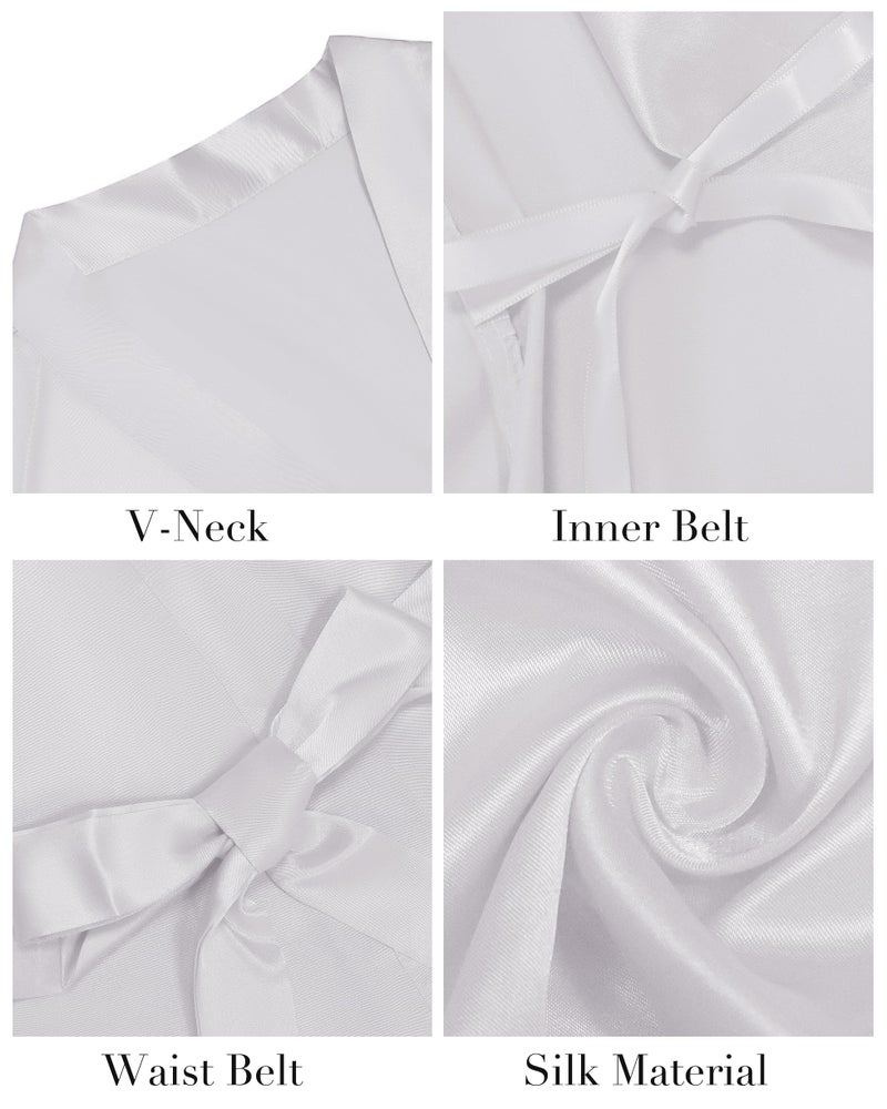 Vlazom Women's Kimono Robes Satin Short Style with Oblique V-Neck Robe (White, Medium) - Image 3